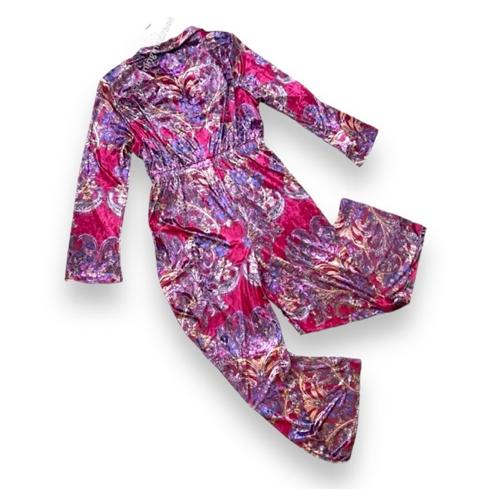 NWT Free People Delphine Jumpsuit Color In Red Combo XL Paisley Print Velvet - Picture 3 of 10